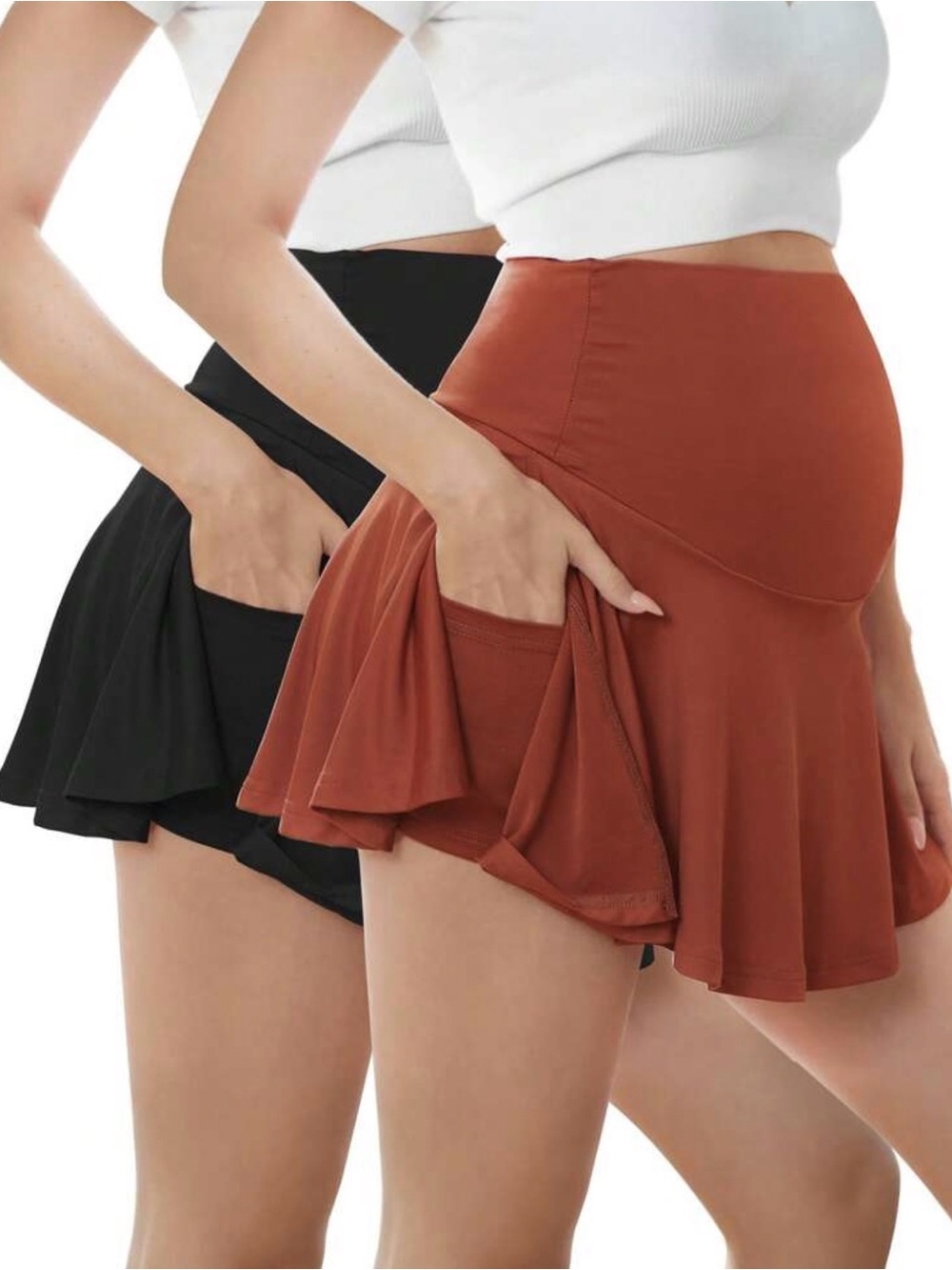 Maternity Flared Skirt with Side Pocket - (2) Rust & Black